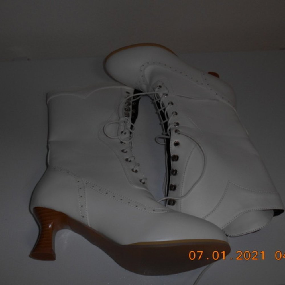White faux leather Victorian boots